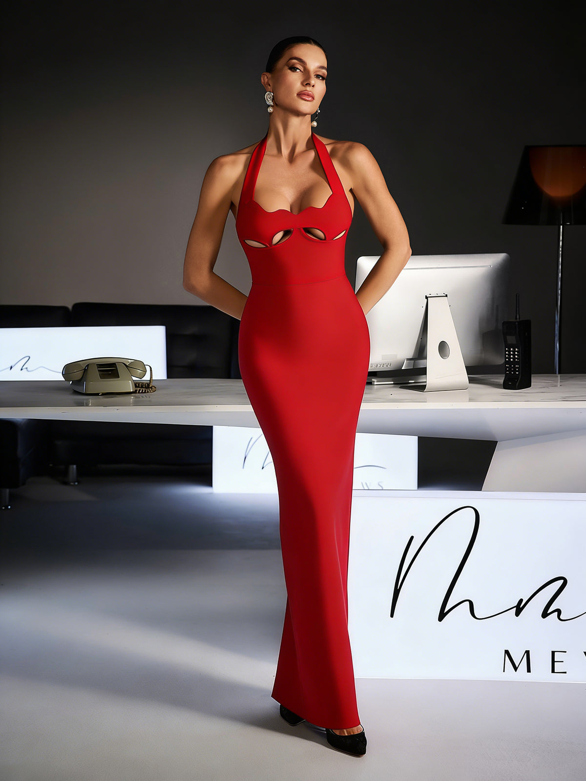 Ferid Halterneck Cutout Bandage Maxi Dress In Red