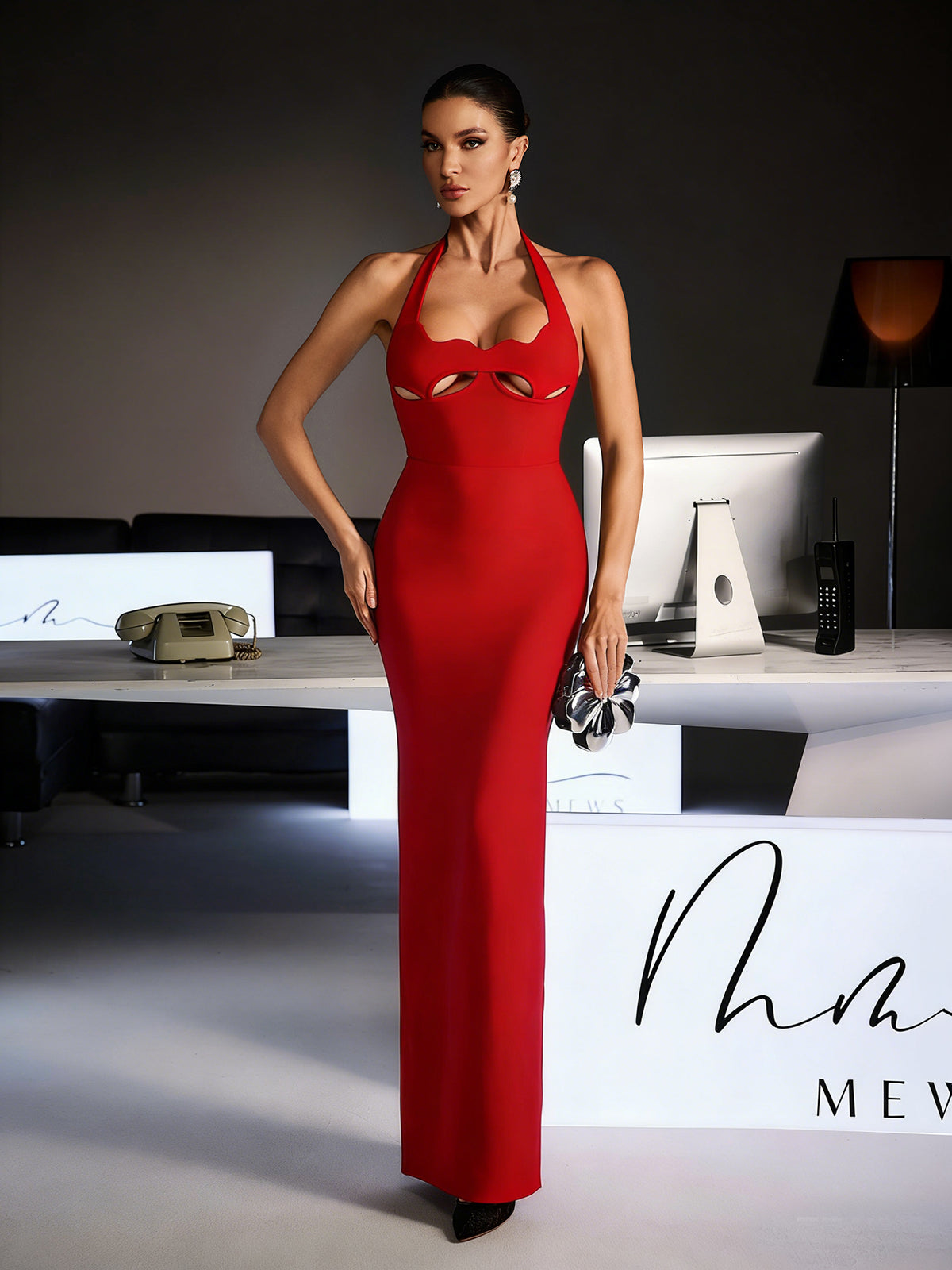 Ferid Halterneck Cutout Bandage Maxi Dress In Red