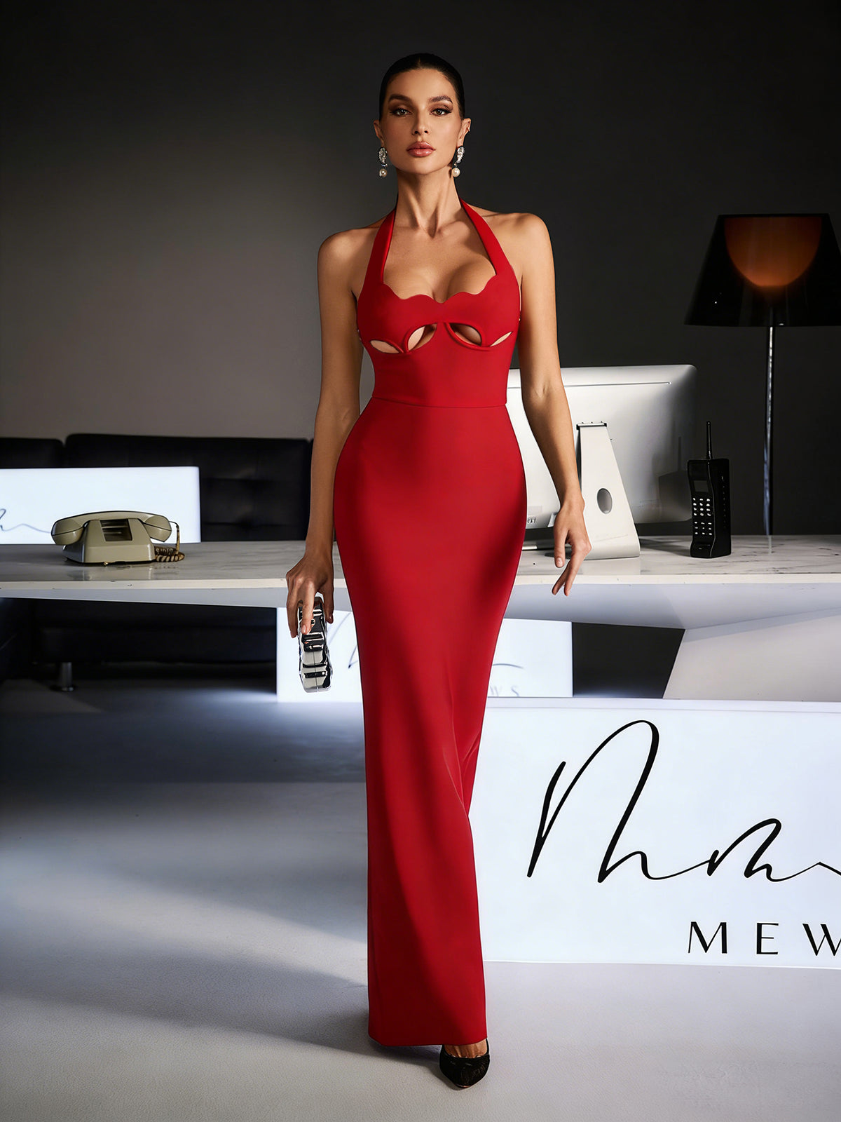 Ferid Halterneck Cutout Bandage Maxi Dress In Red