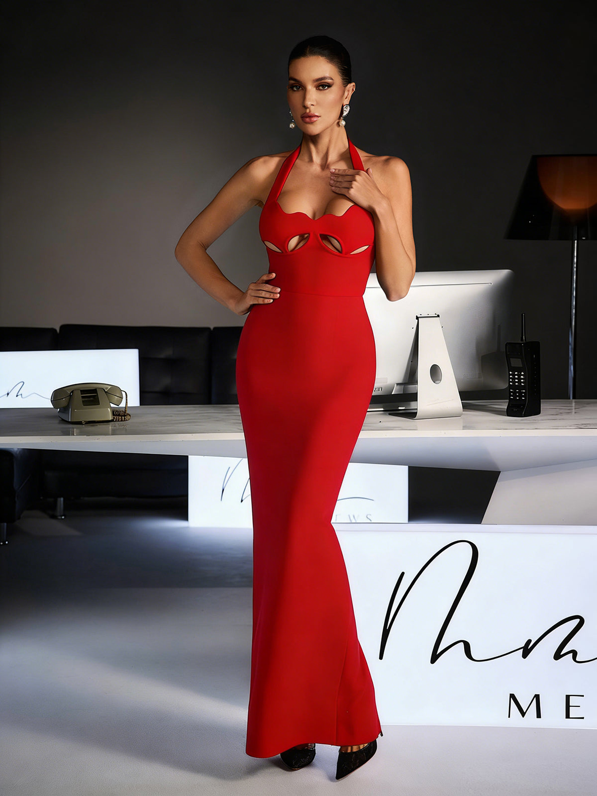 Ferid Halterneck Cutout Bandage Maxi Dress In Red
