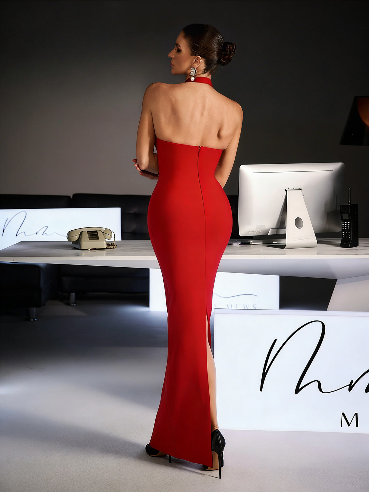 Ferid Halterneck Cutout Bandage Maxi Dress In Red
