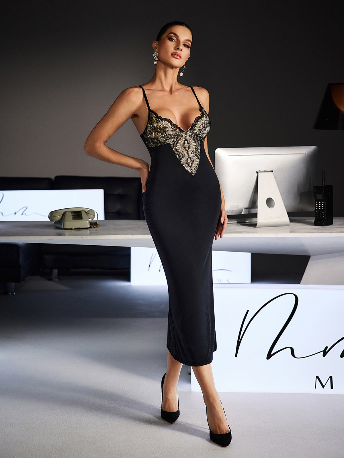 Feride Spaghetii Lace Bodycon Midi Dress