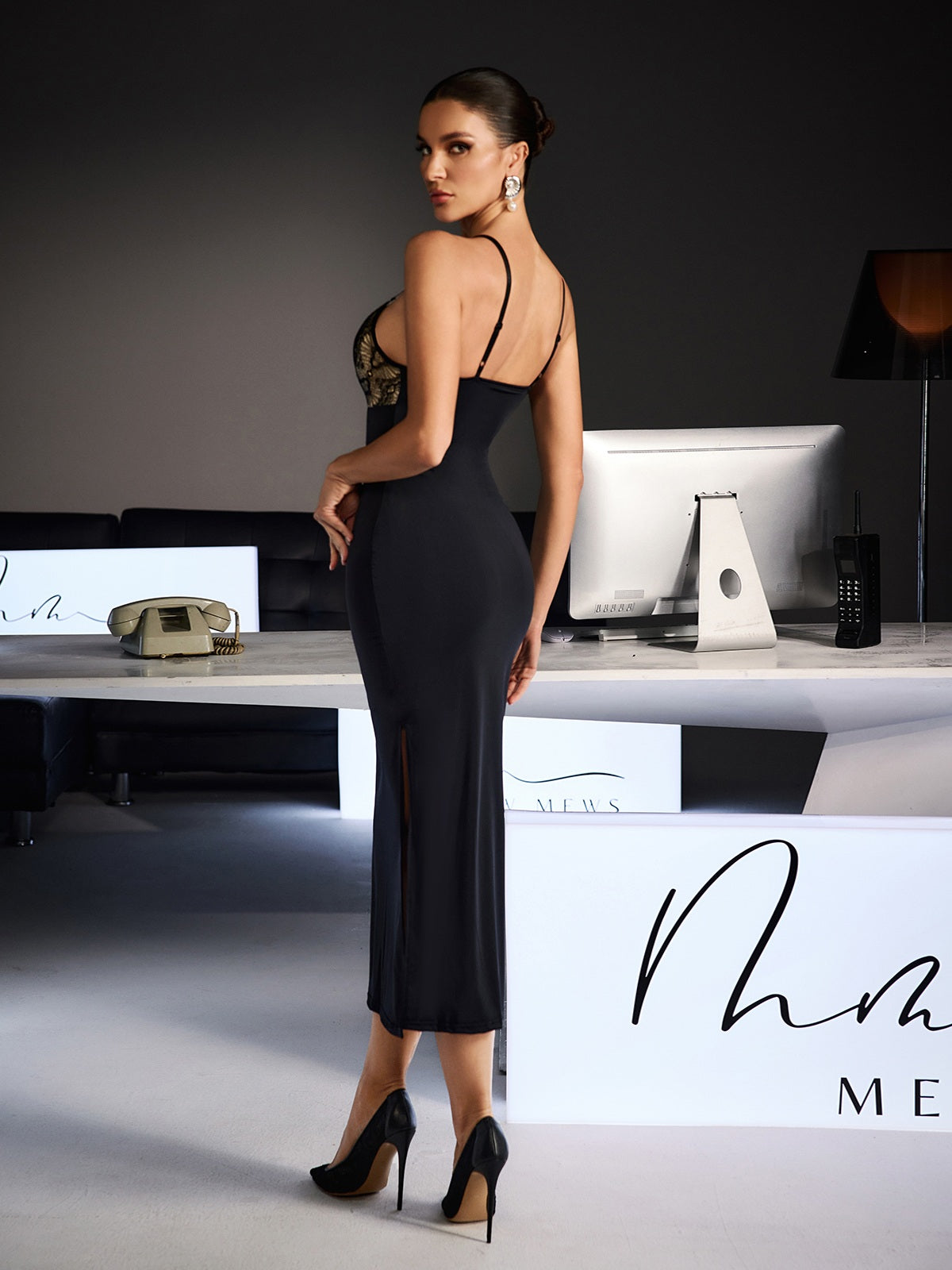 Feride Spaghetii Lace Bodycon Midi Dress
