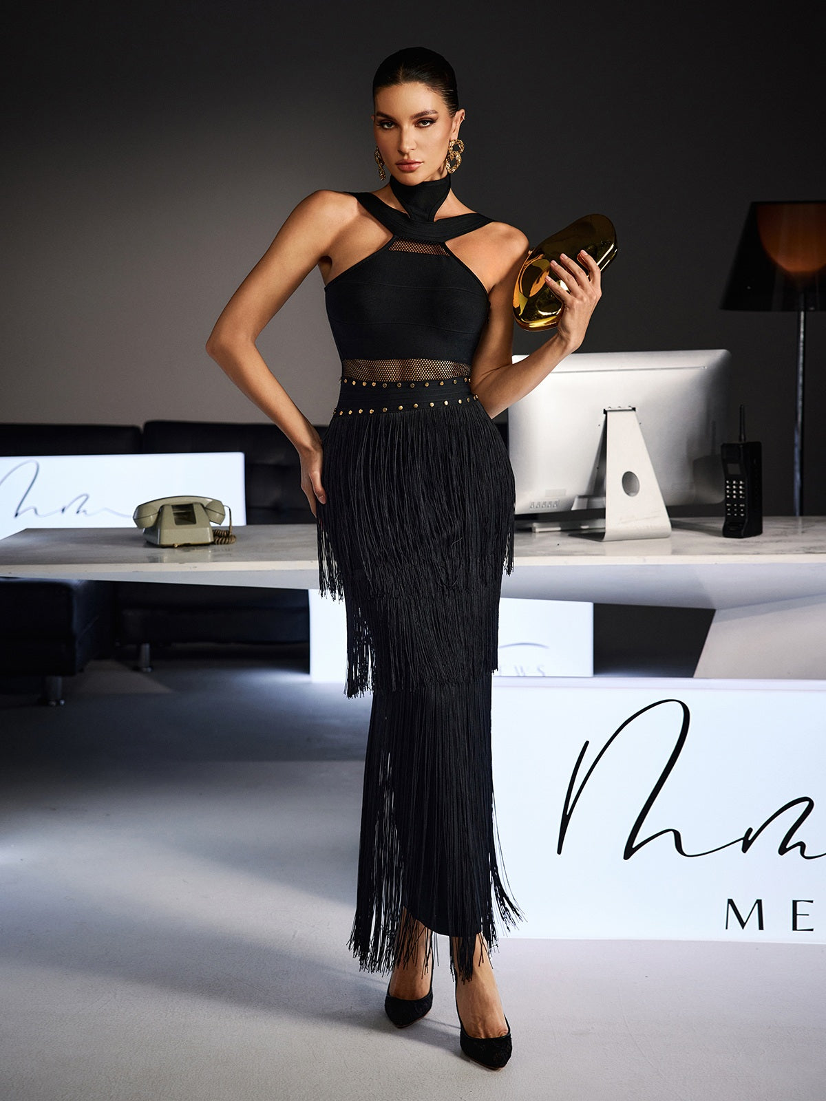 Fermin Halterneck Bandage Fringe Midi Dress