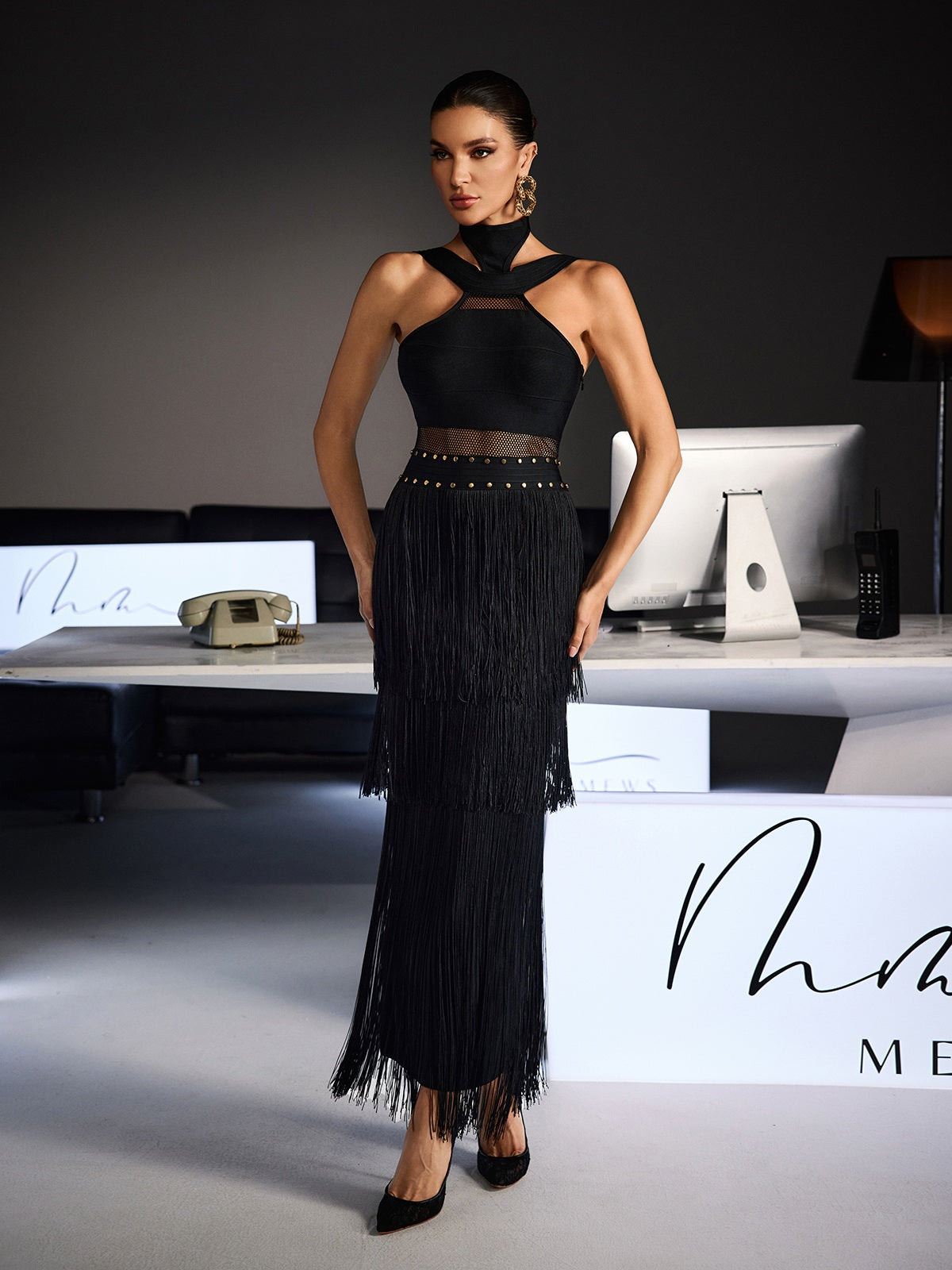 Fermin Halterneck Bandage Fringe Midi Dress
