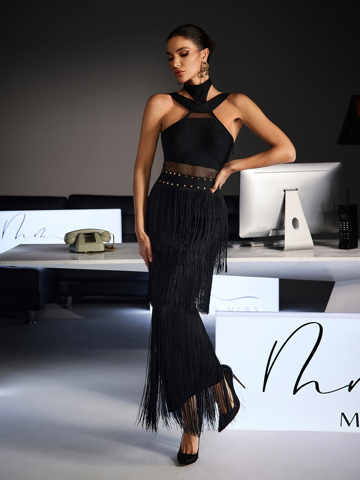 Fermin Halterneck Bandage Fringe Midi Dress