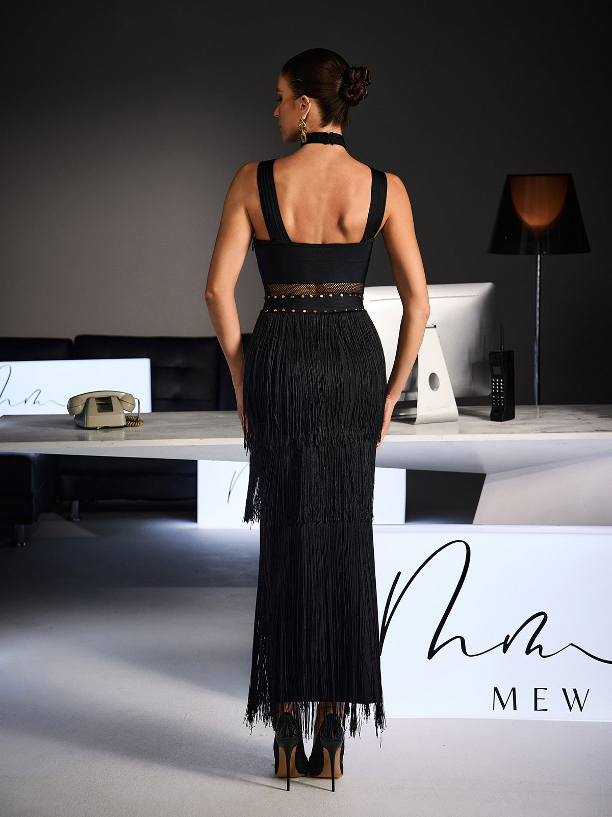 Fermin Halterneck Bandage Fringe Midi Dress