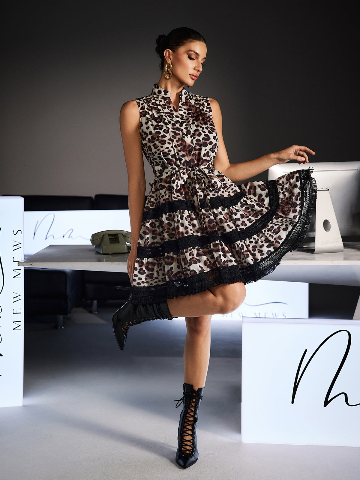 Fermina Sleeveless Leopard Tie Up Mini Dress