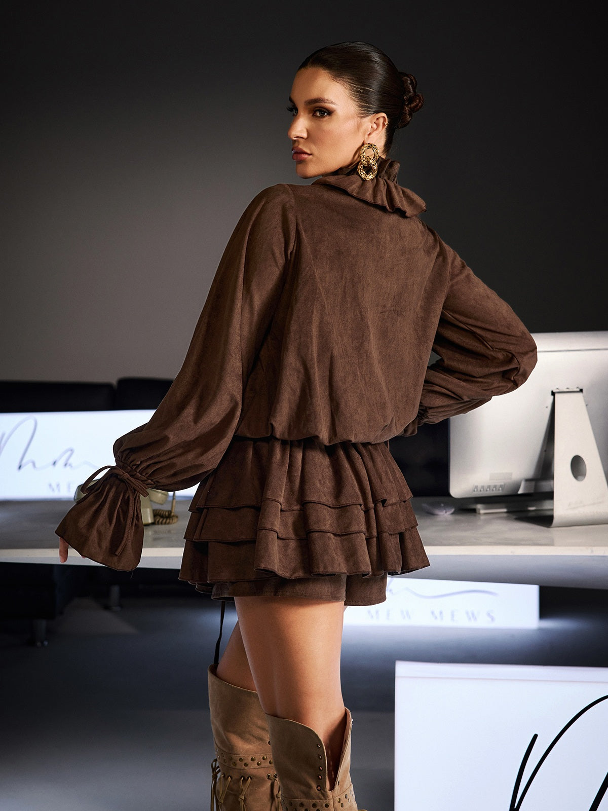Fernande Balloon Sleeve Flower Ruffle Skirt Set