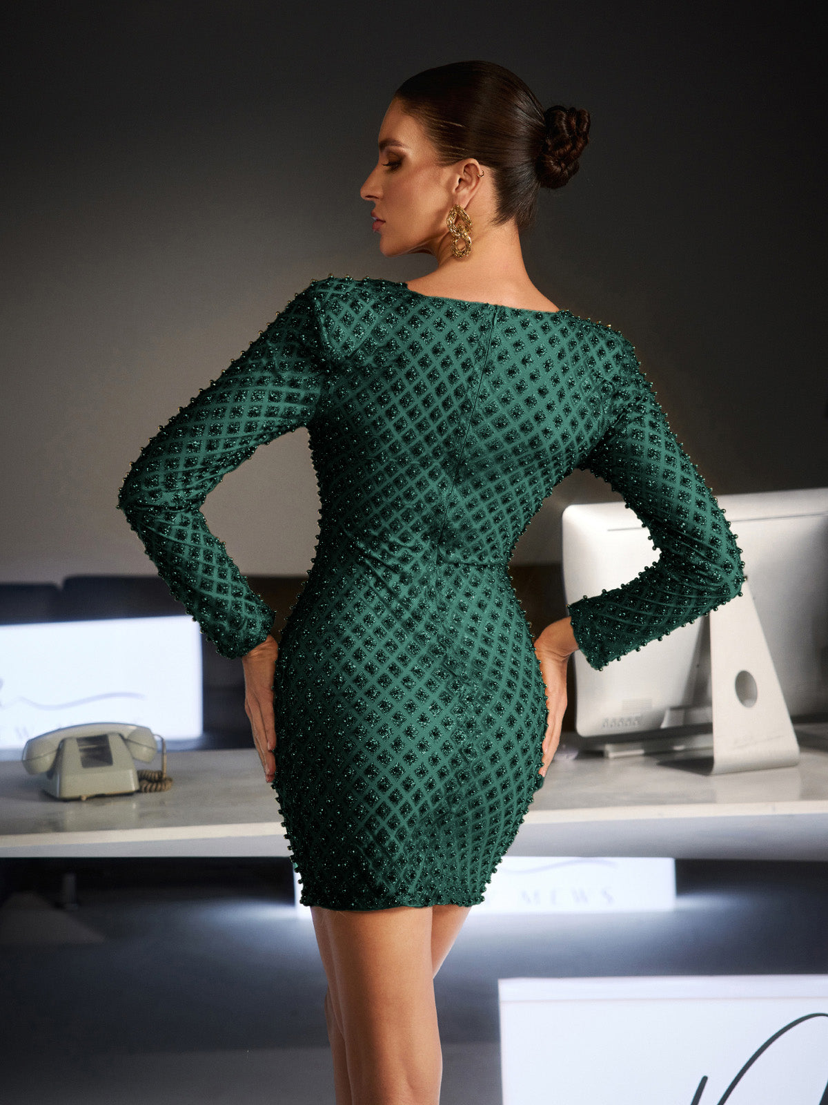 Ferne Long Sleeve Pearl Cutout Mini Dress In Emerald