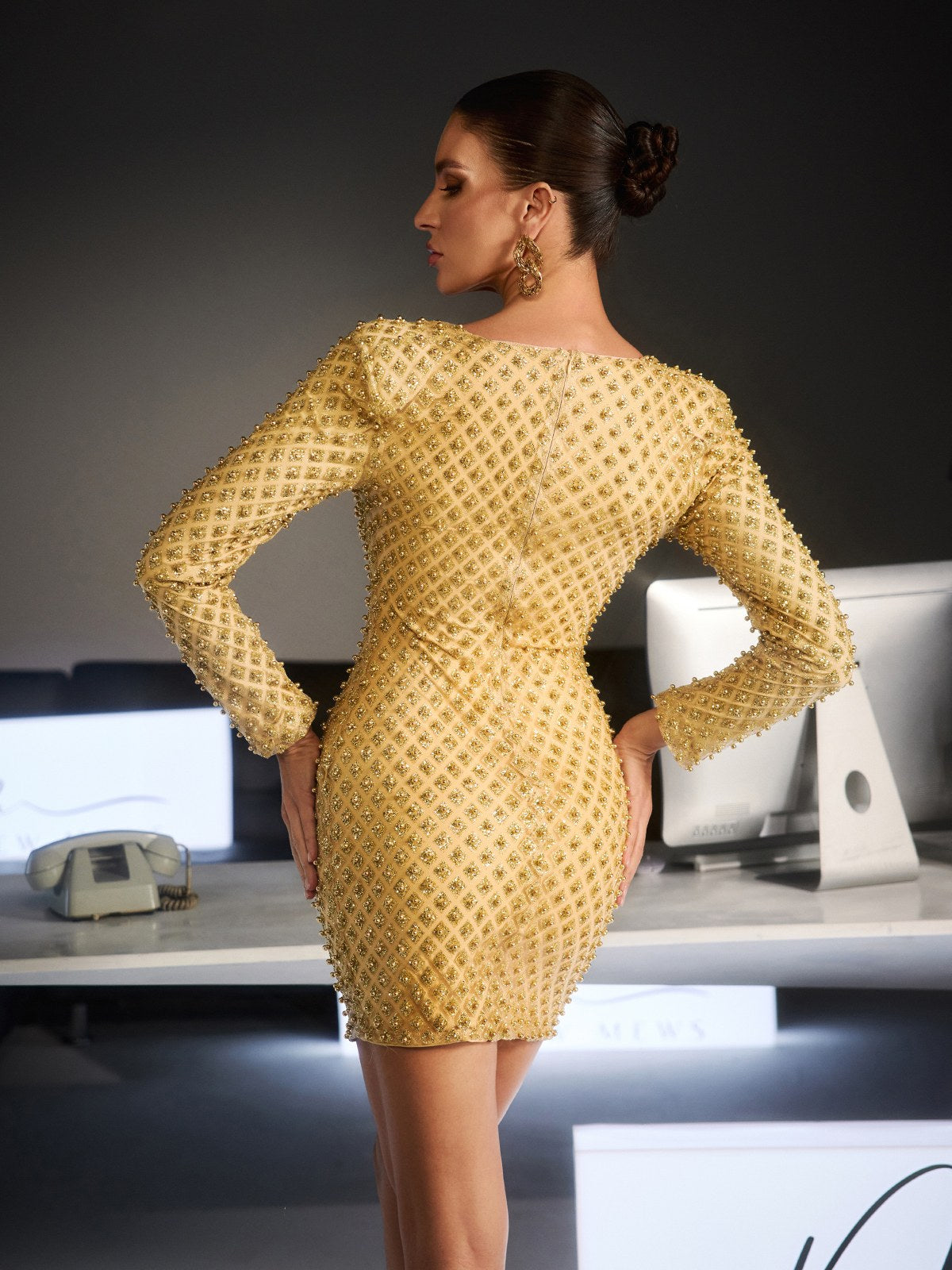 Ferne Long Sleeve Pearl Cutout Mini Dress In Gold