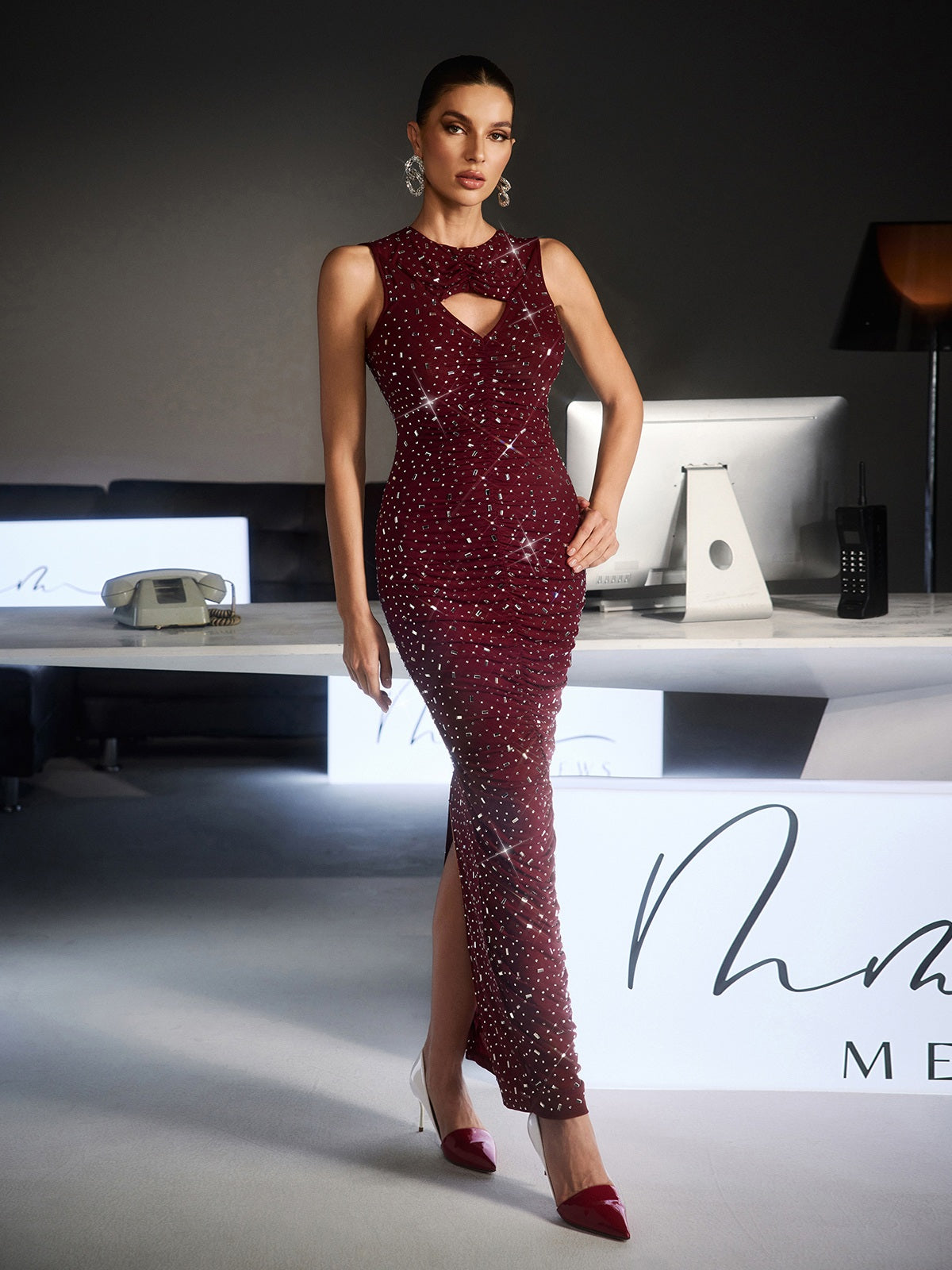 Feroze Sleeveless Cutout Rhinestone Maxi Dress
