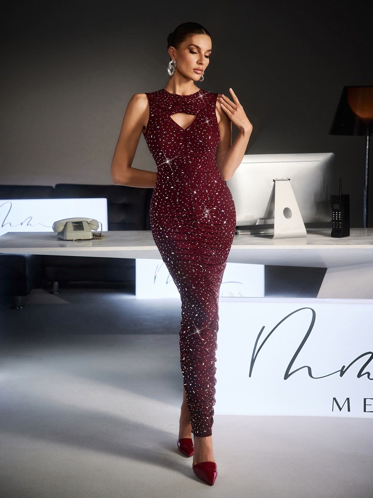 Feroze Sleeveless Cutout Rhinestone Maxi Dress