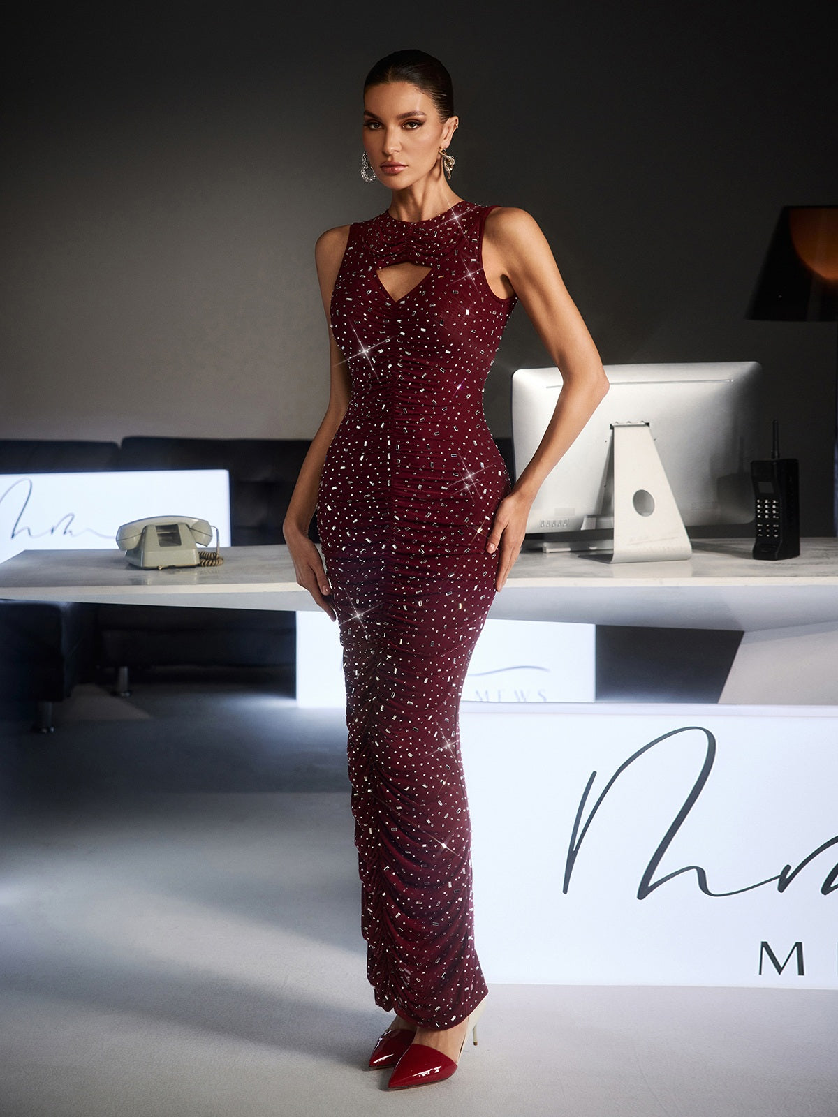 Feroze Sleeveless Cutout Rhinestone Maxi Dress