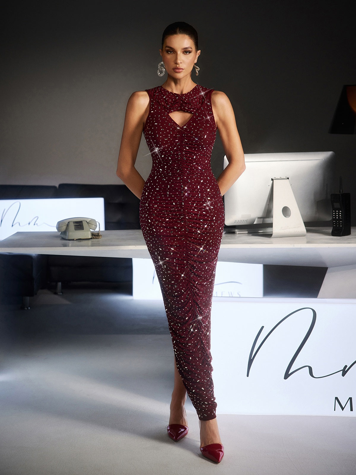 Feroze Sleeveless Cutout Rhinestone Maxi Dress