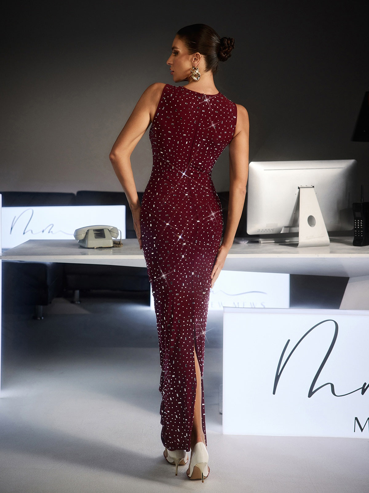 Feroze Sleeveless Cutout Rhinestone Maxi Dress