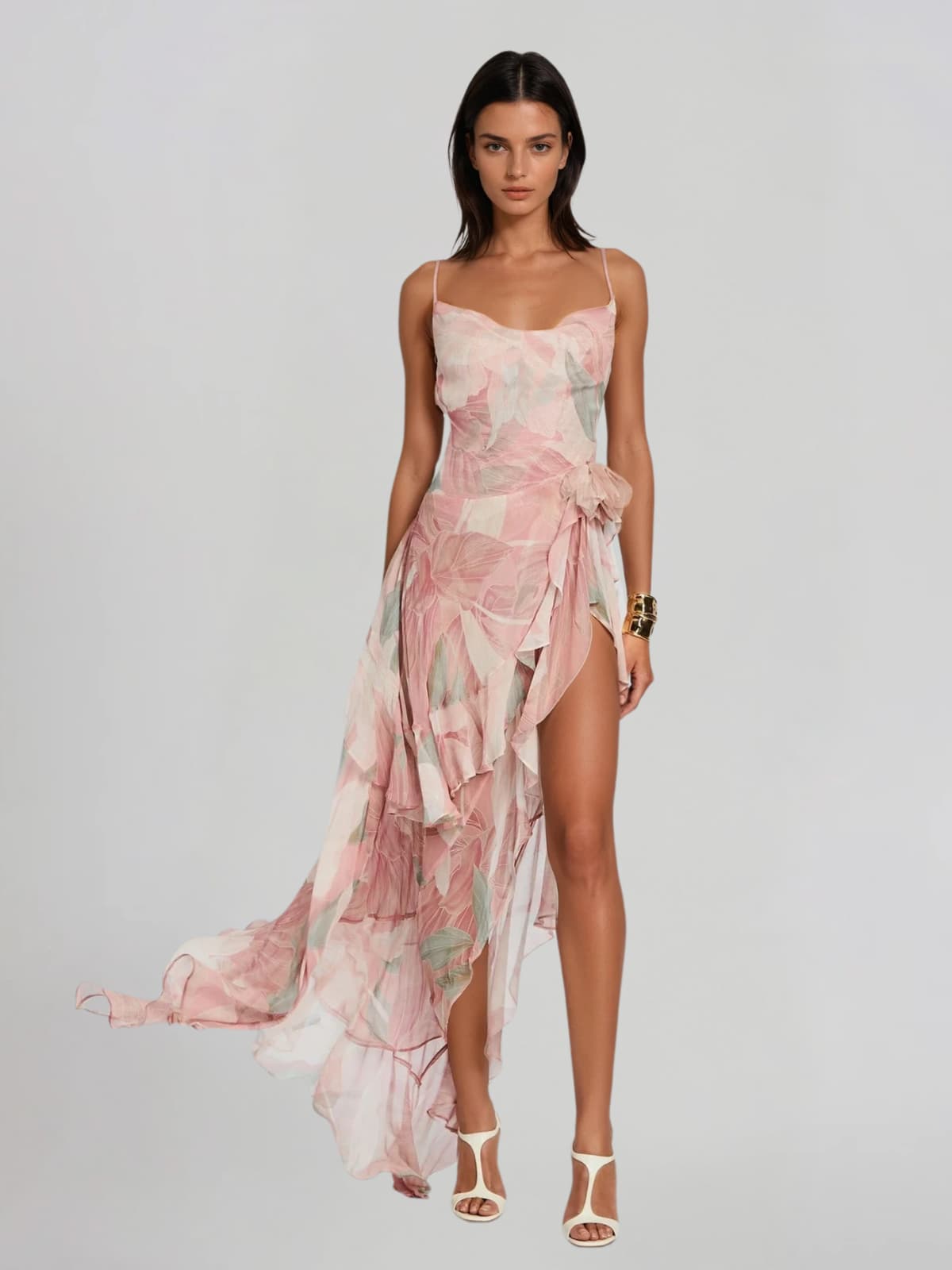 Ferune Spaghetti Floral Ruffle Maxi Dress