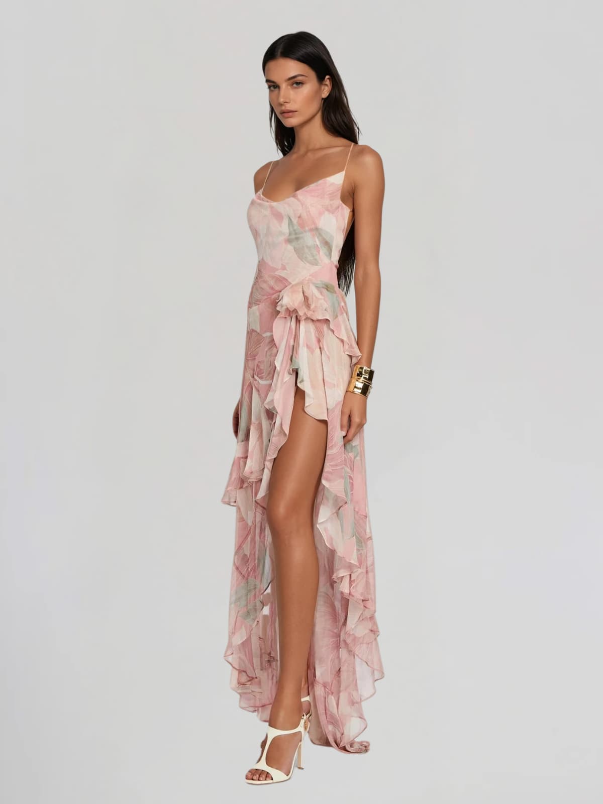 Ferune Spaghetti Floral Ruffle Maxi Dress