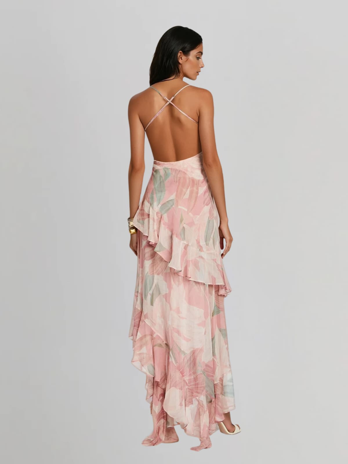 Ferune Spaghetti Floral Ruffle Maxi Dress