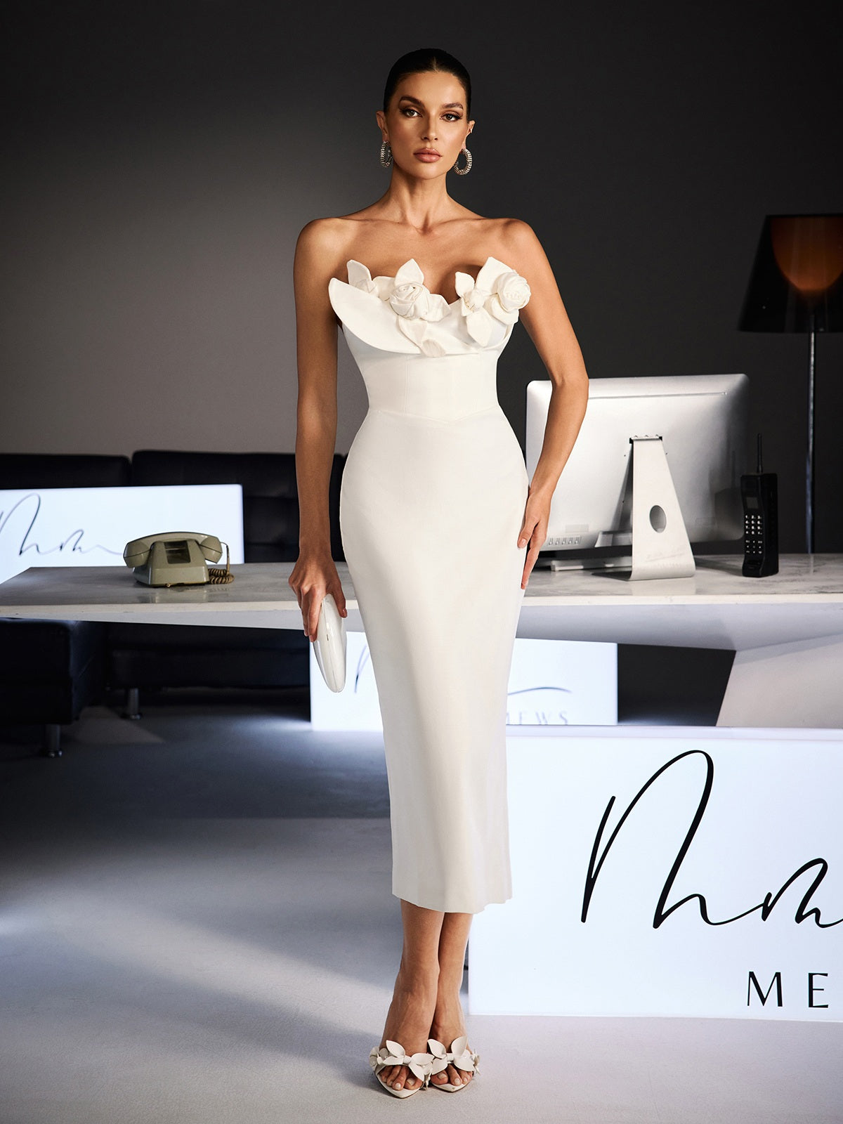 Feruza Strapless Flower Bodycon Midi Dress