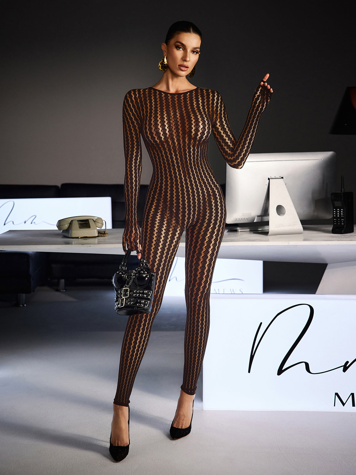 Festim Long Sleeve Floral Bodycon Jumpsuit In Brown