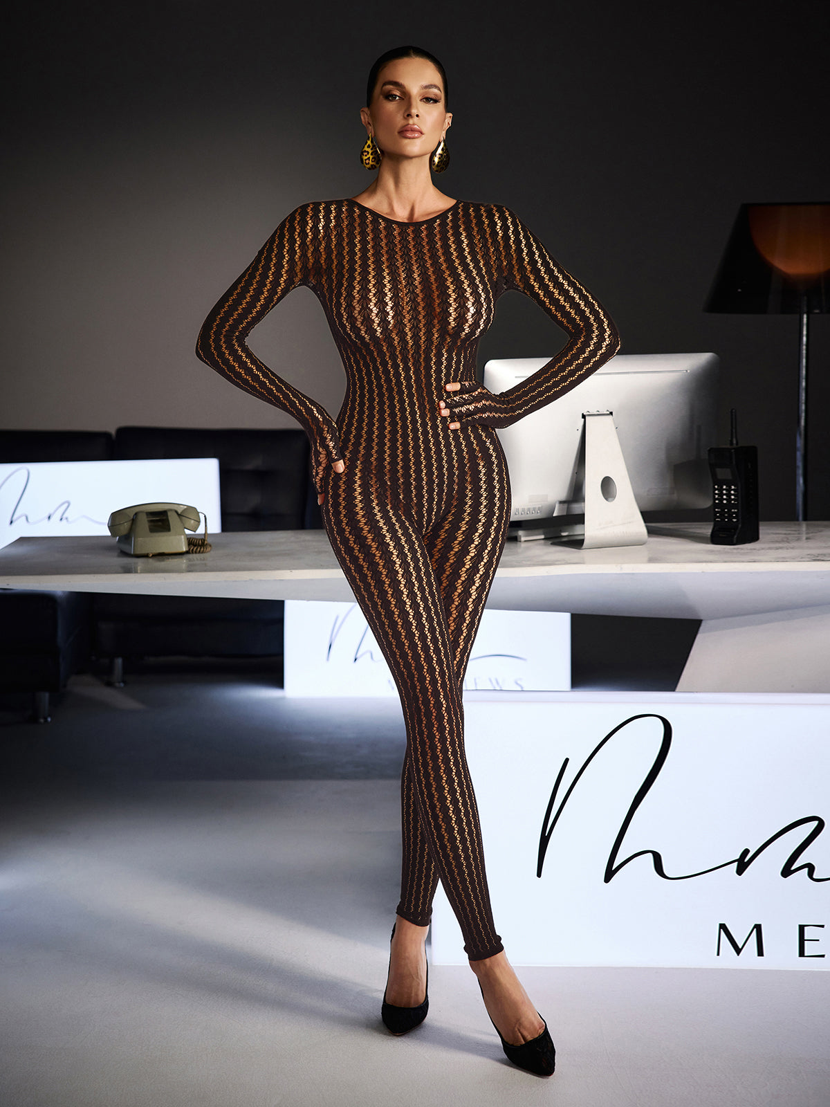 Festim Long Sleeve Floral Bodycon Jumpsuit In Brown