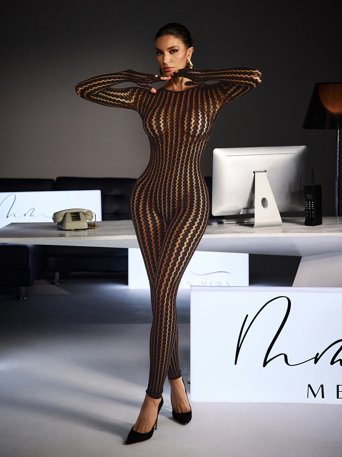 Festim Long Sleeve Floral Bodycon Jumpsuit In Brown