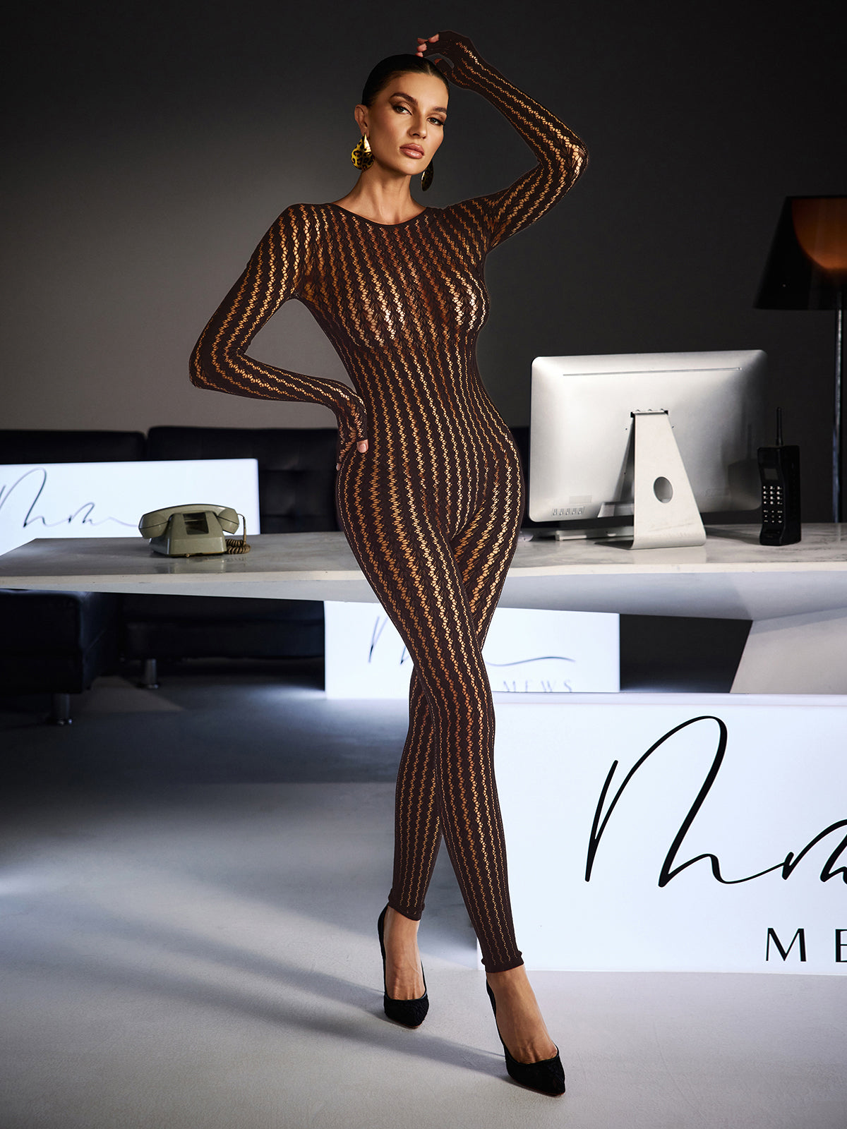 Festim Long Sleeve Floral Bodycon Jumpsuit In Brown