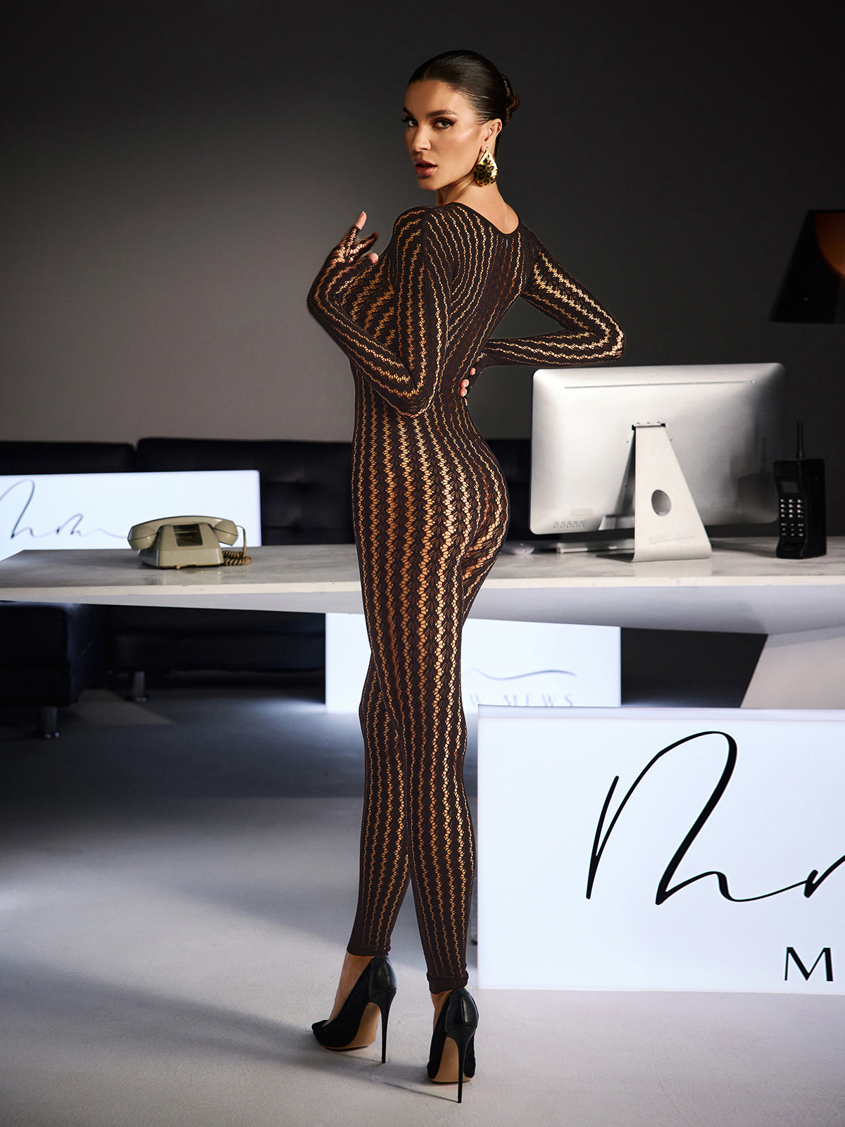 Festim Long Sleeve Floral Bodycon Jumpsuit In Brown