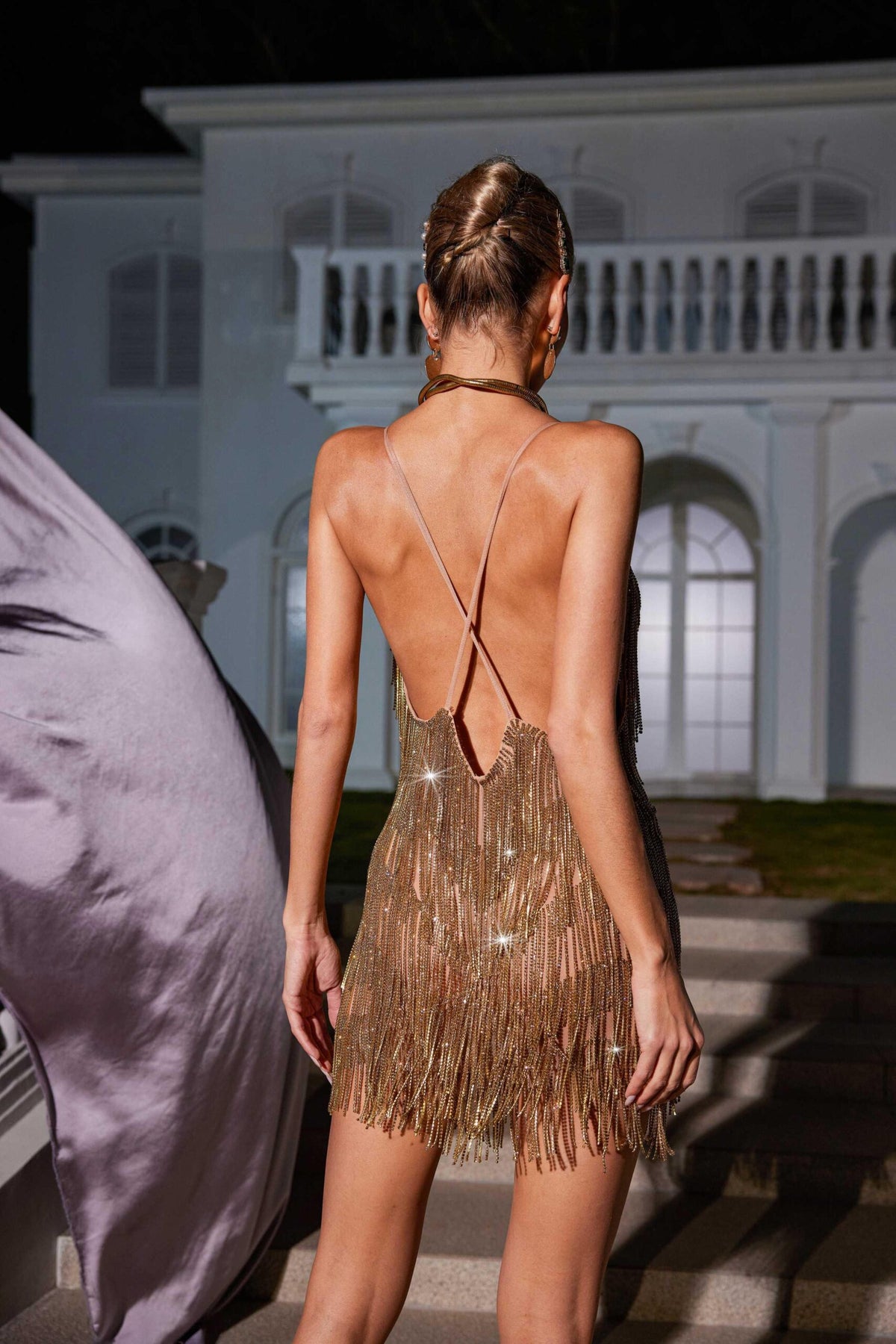 Fiadh Crystal Chain Fringe Mesh Mini Dress In Gold