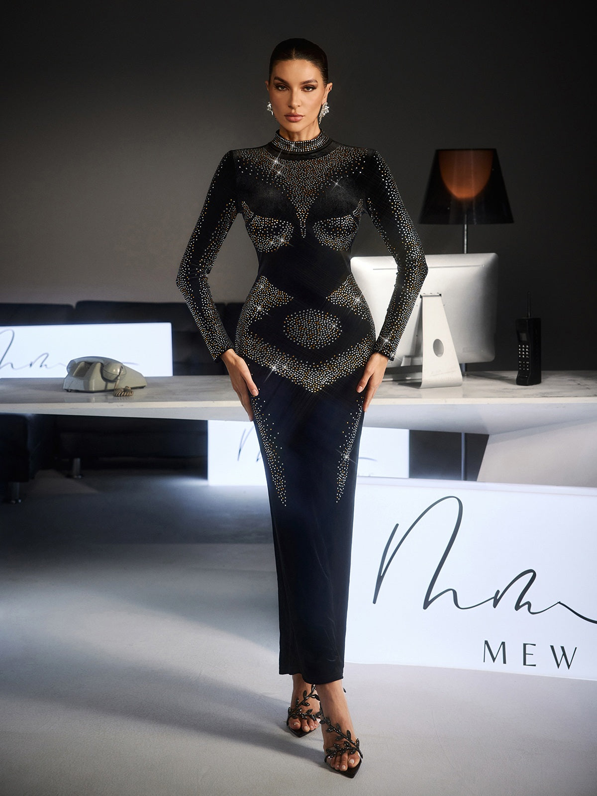 Fiammetta Long Sleeve Rhinestone Velvet Maxi Dress