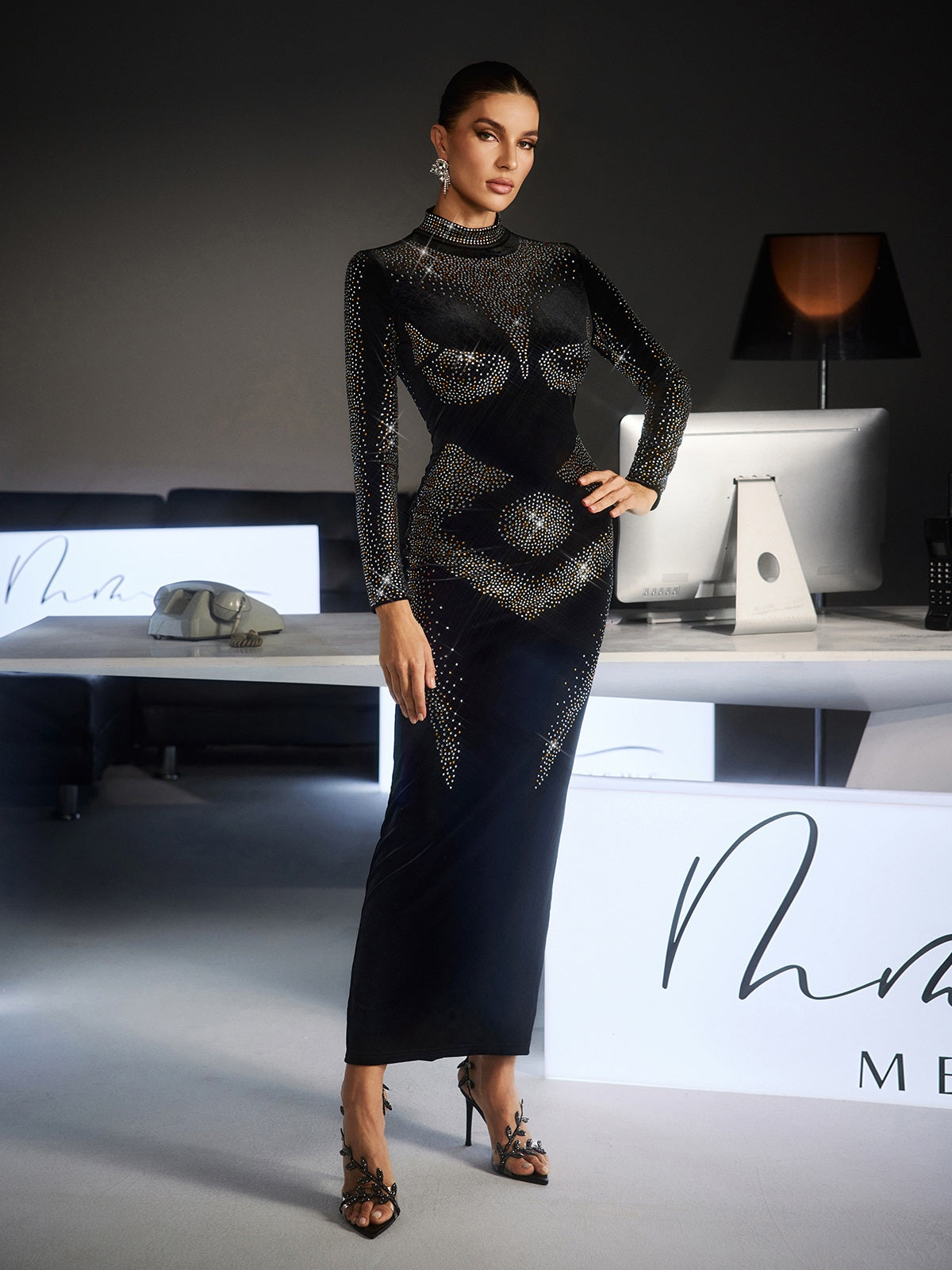 Fiammetta Long Sleeve Rhinestone Velvet Maxi Dress