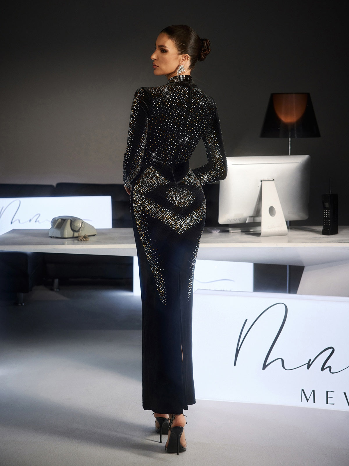 Fiammetta Long Sleeve Rhinestone Velvet Maxi Dress