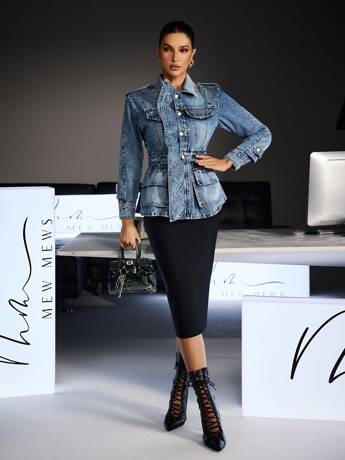 Figaro Lapel Ruffle Button Denim Coat