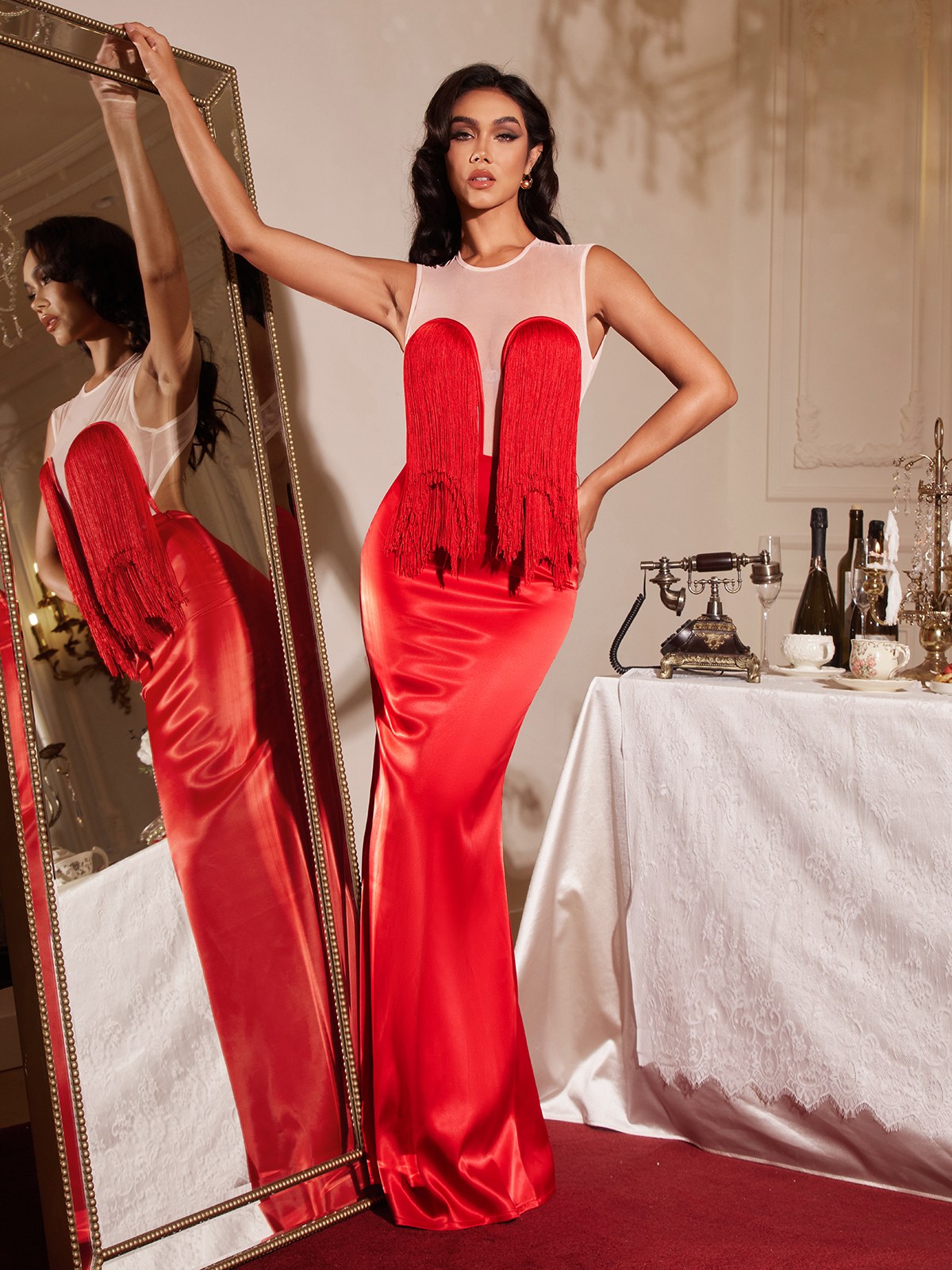 Filip Sleeveless Fringe Maxi Dress With Cape