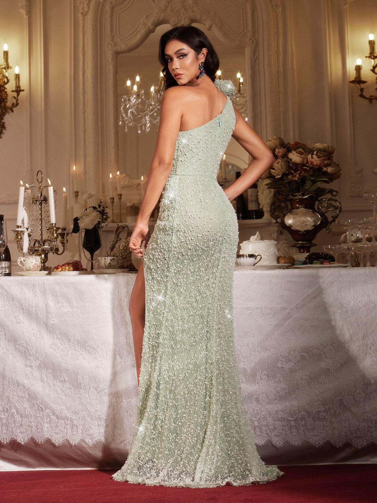 Filippu One Shoulder Pearl Split Maxi Dress