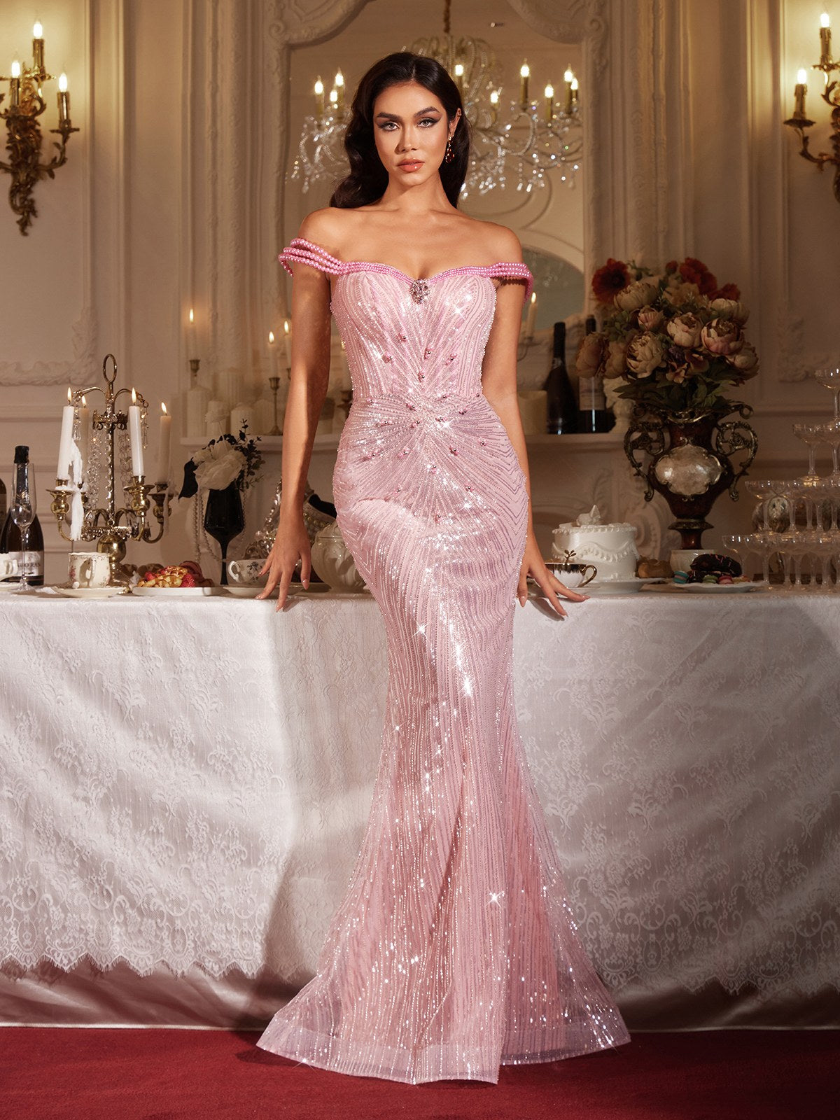 Findlay Off Shoulder Pearl Sequin Maxi Dress