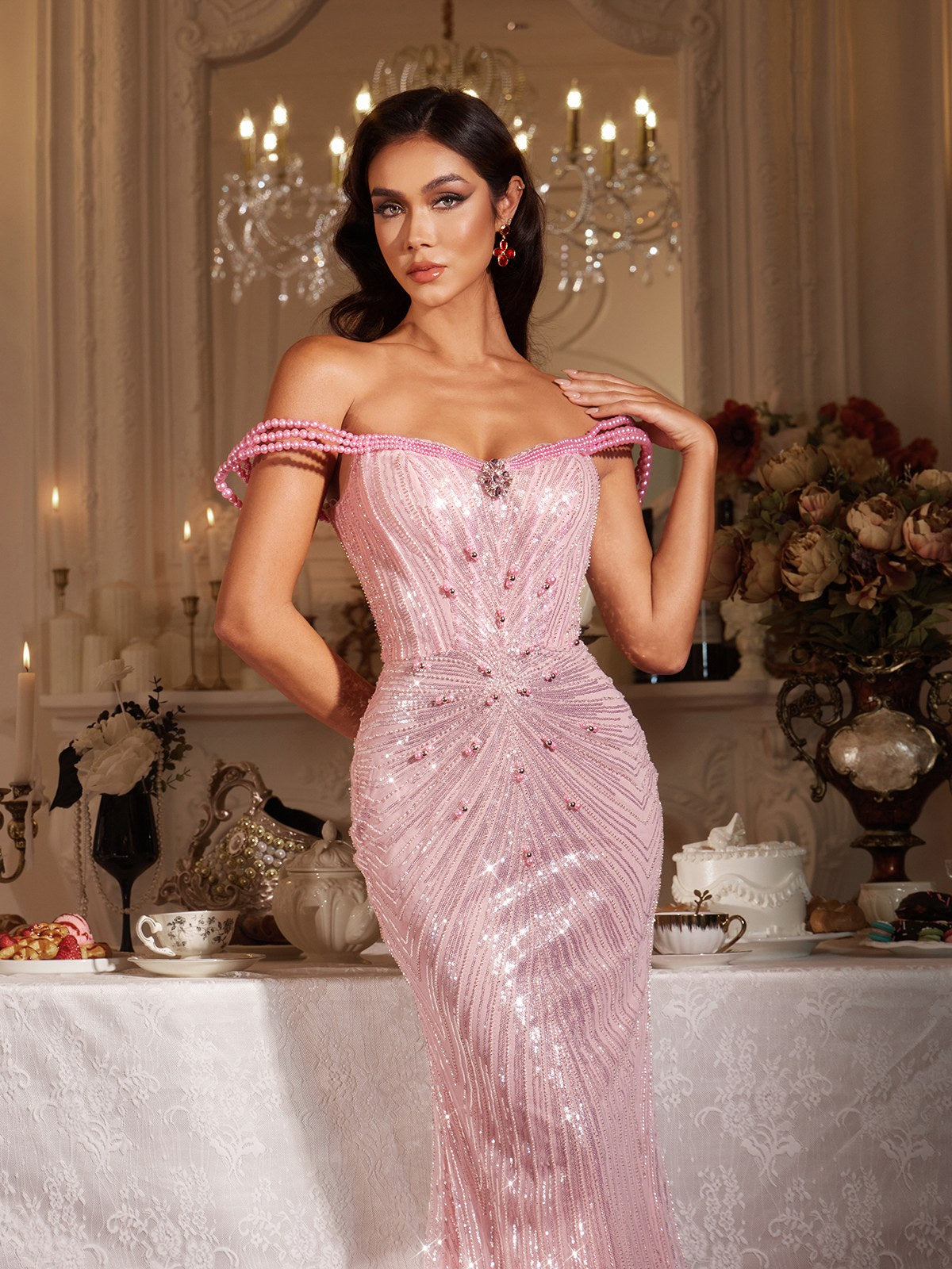 Findlay Off Shoulder Pearl Sequin Maxi Dress