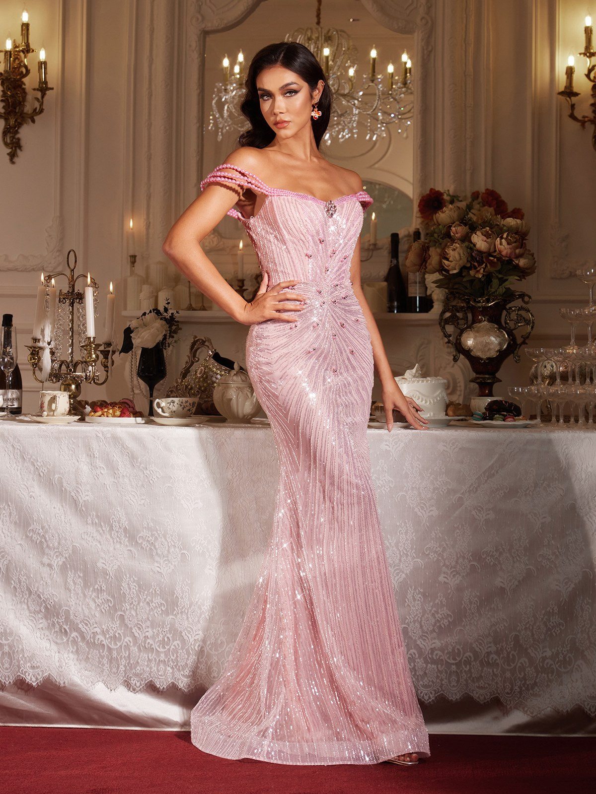Findlay Off Shoulder Pearl Sequin Maxi Dress