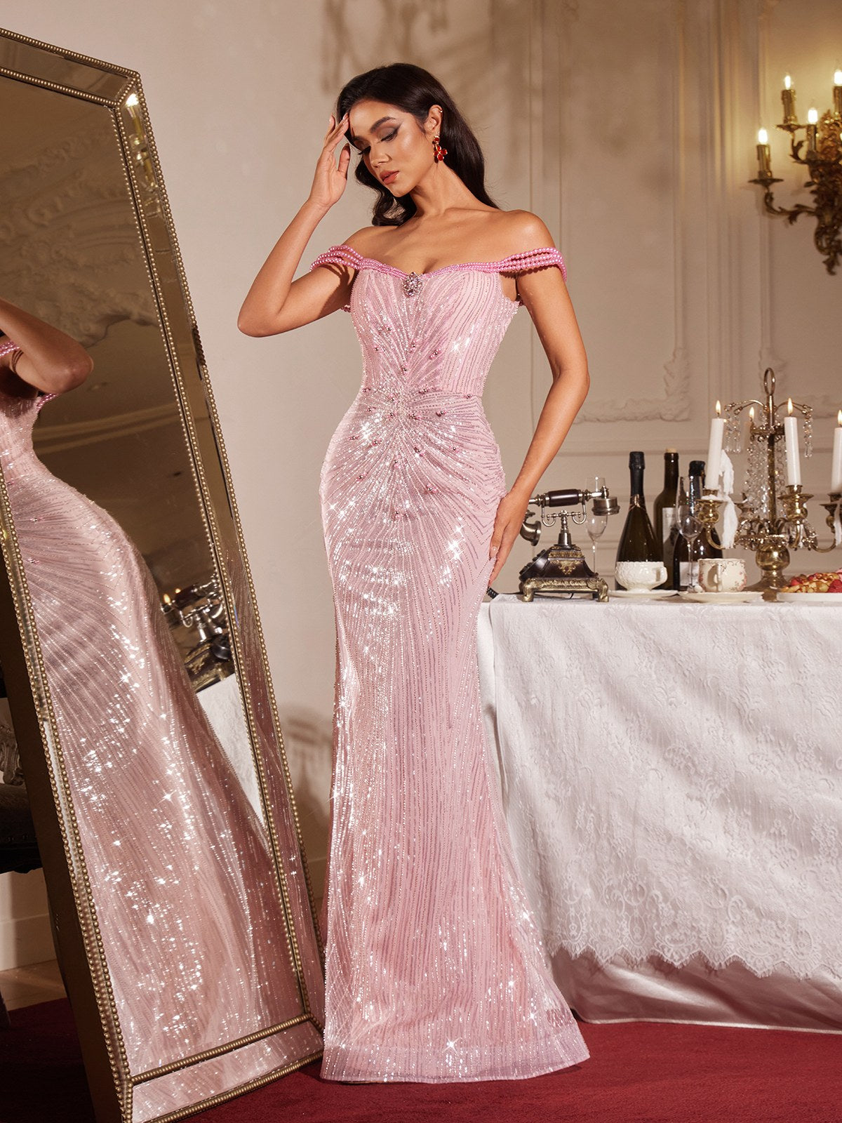 Findlay Off Shoulder Pearl Sequin Maxi Dress