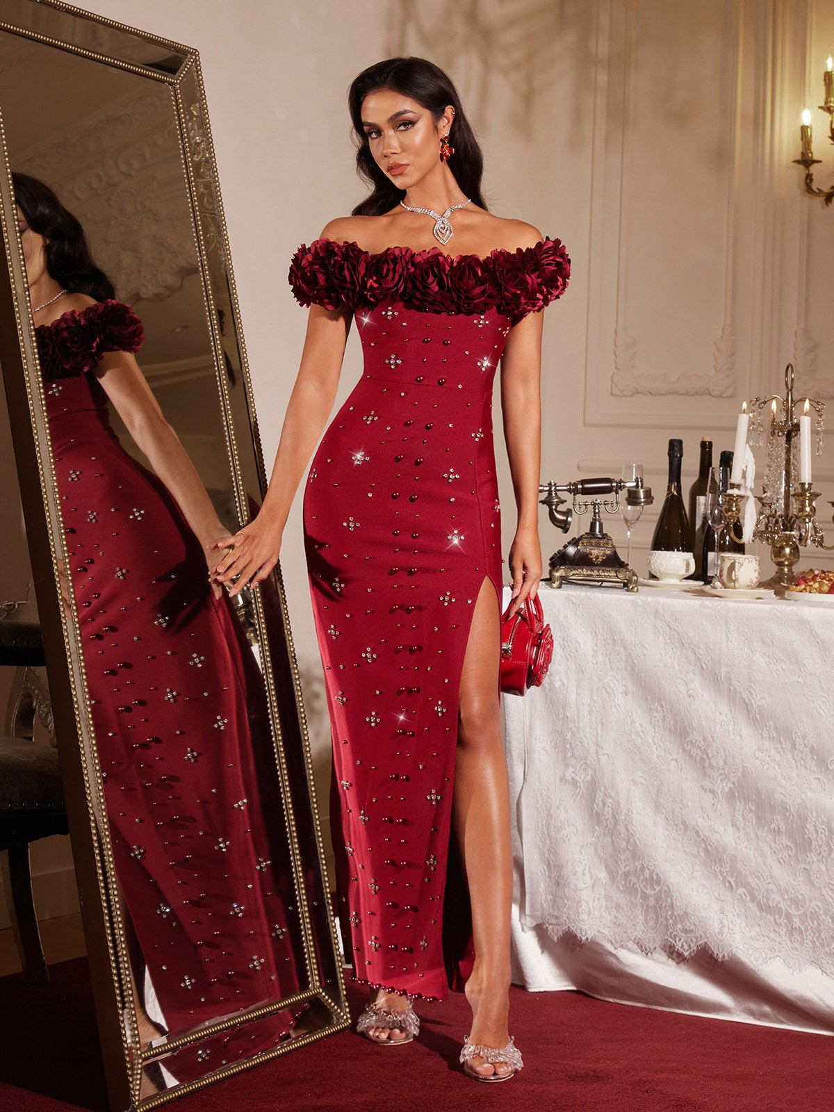 Finella Off Shoulder Flower Bandage Maxi Dress