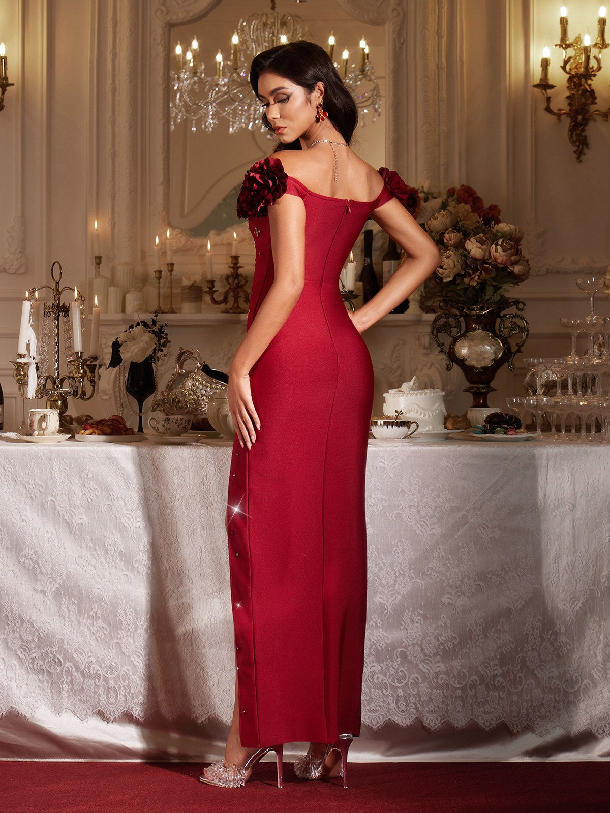 Finella Off Shoulder Flower Bandage Maxi Dress