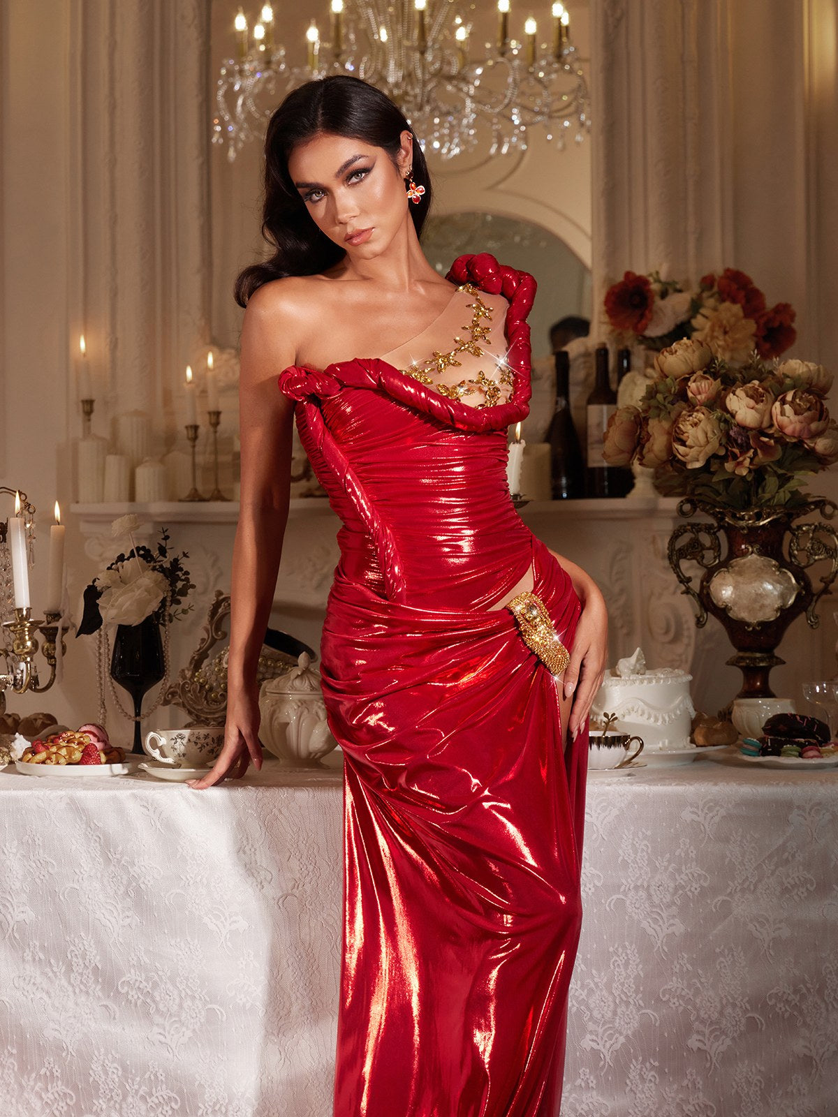 Fingal One Shoulder Draped Metallic Maxi Dress