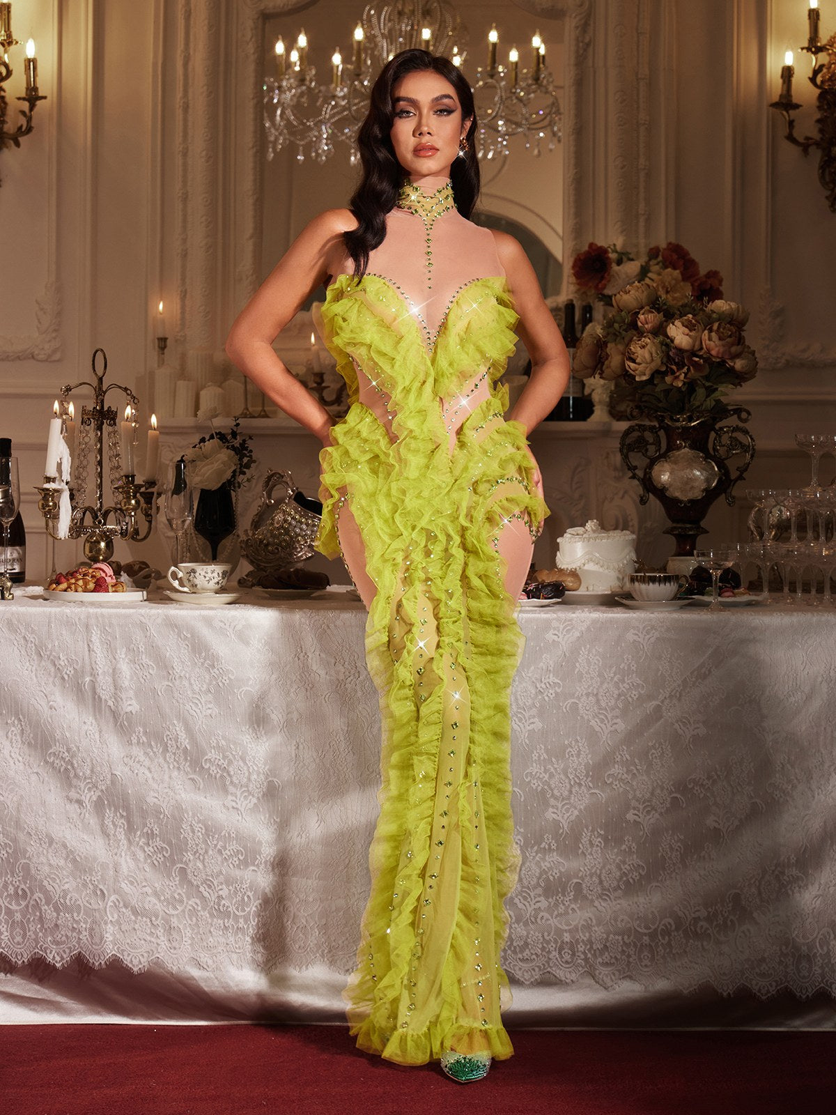 Finnick High Neck Rhinestone Ruffle Maxi Dress