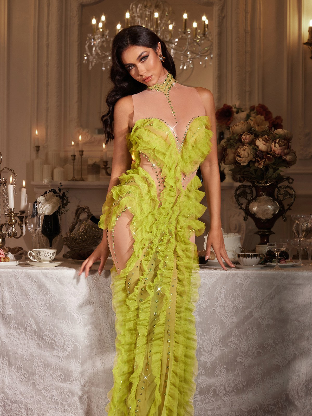 Finnick High Neck Rhinestone Ruffle Maxi Dress