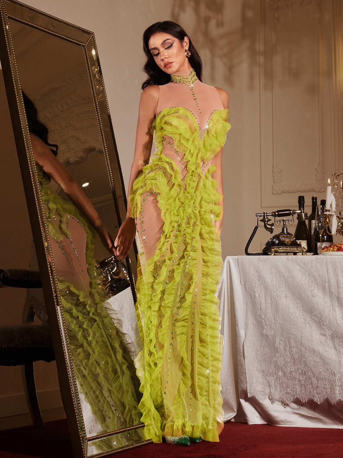 Finnick High Neck Rhinestone Ruffle Maxi Dress
