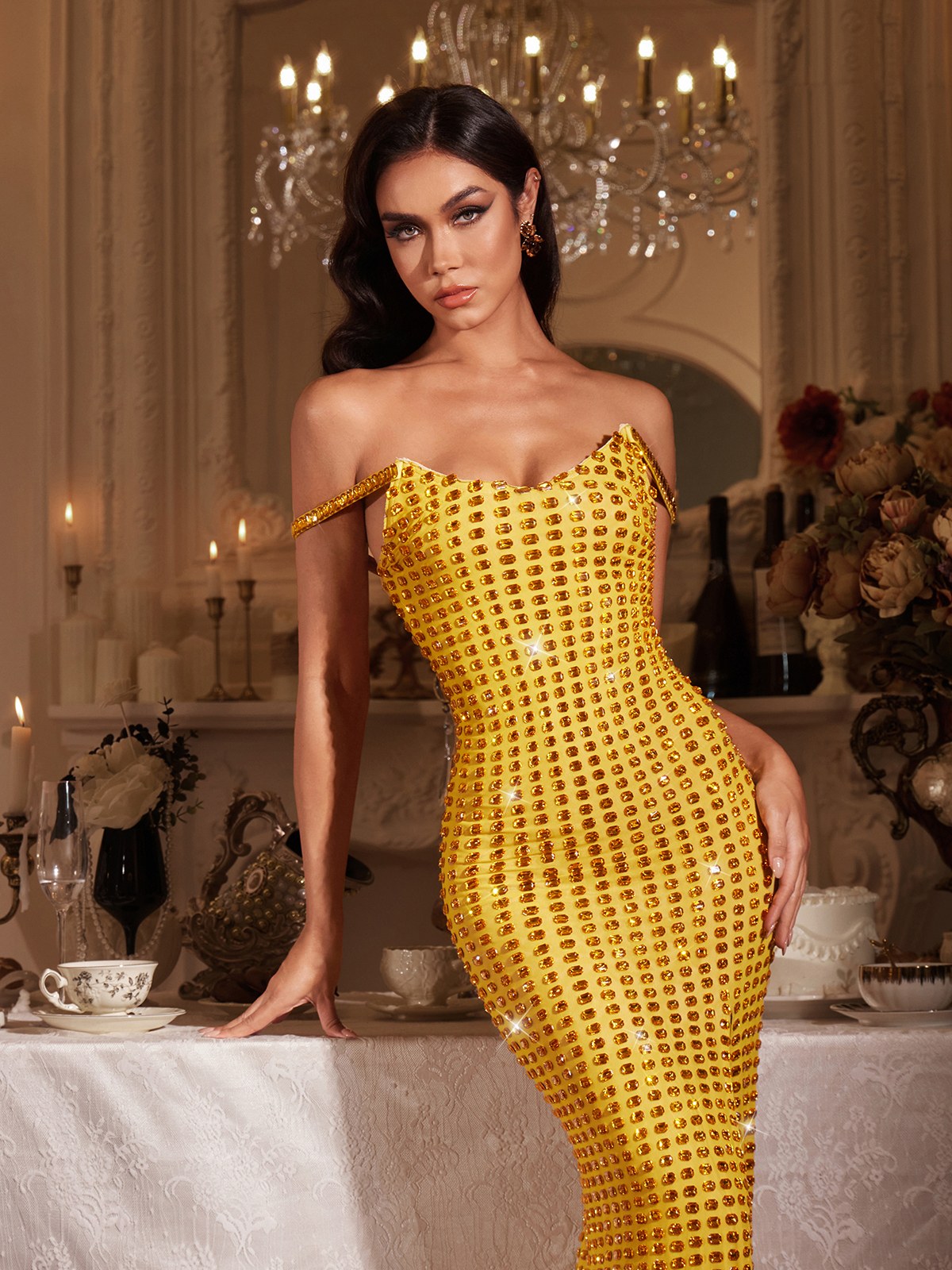 Finnr Off Shoulder Crystal Split Maxi Dress