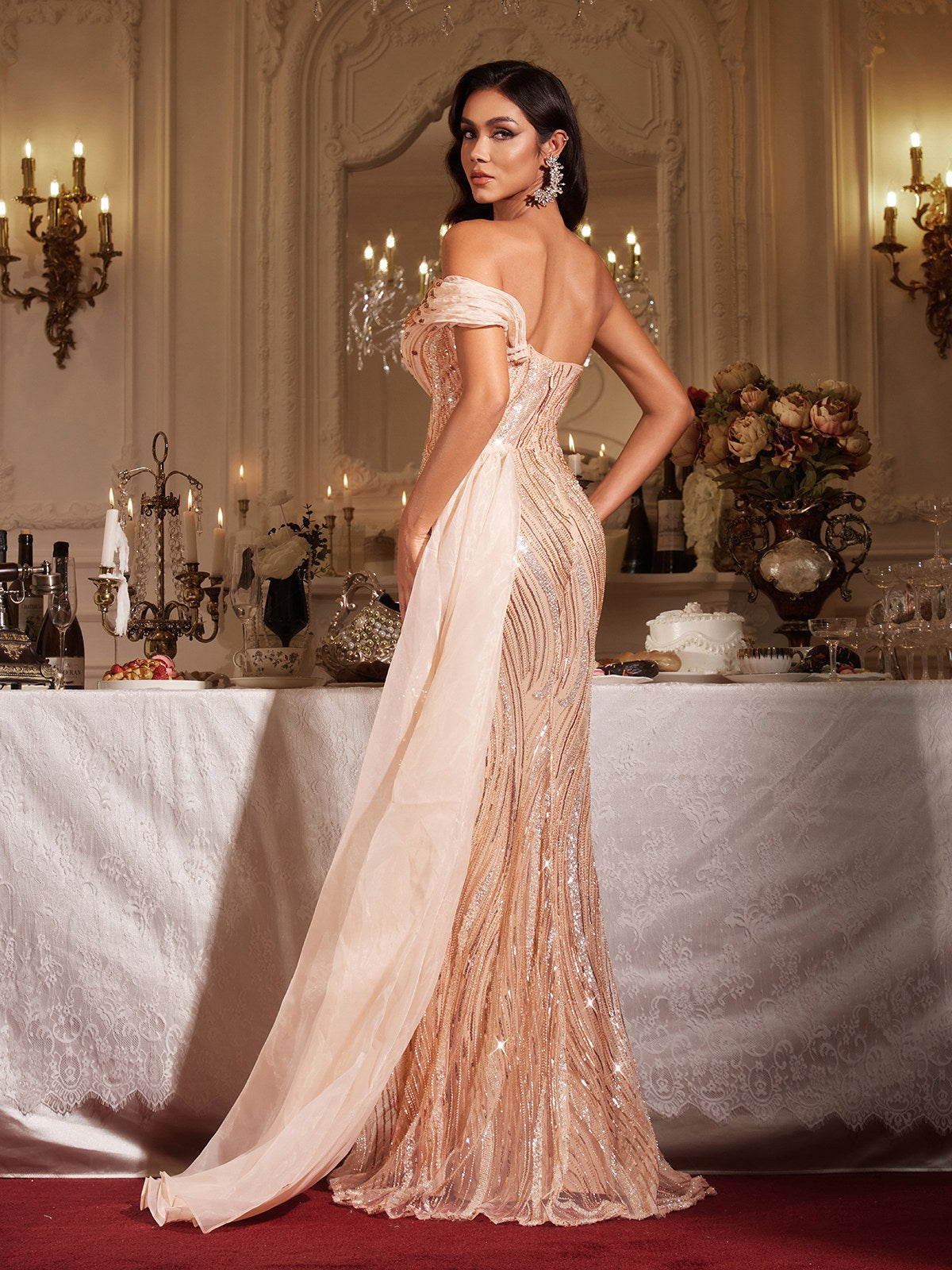 Fion One Shoulder Sequin Rhinestone Maxi Dress