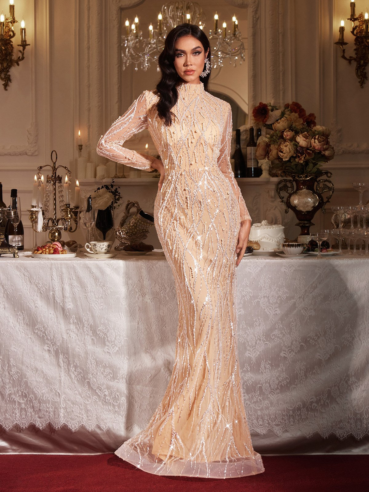 Fiona Long Sleeve Pearl Sequin Maxi Dress