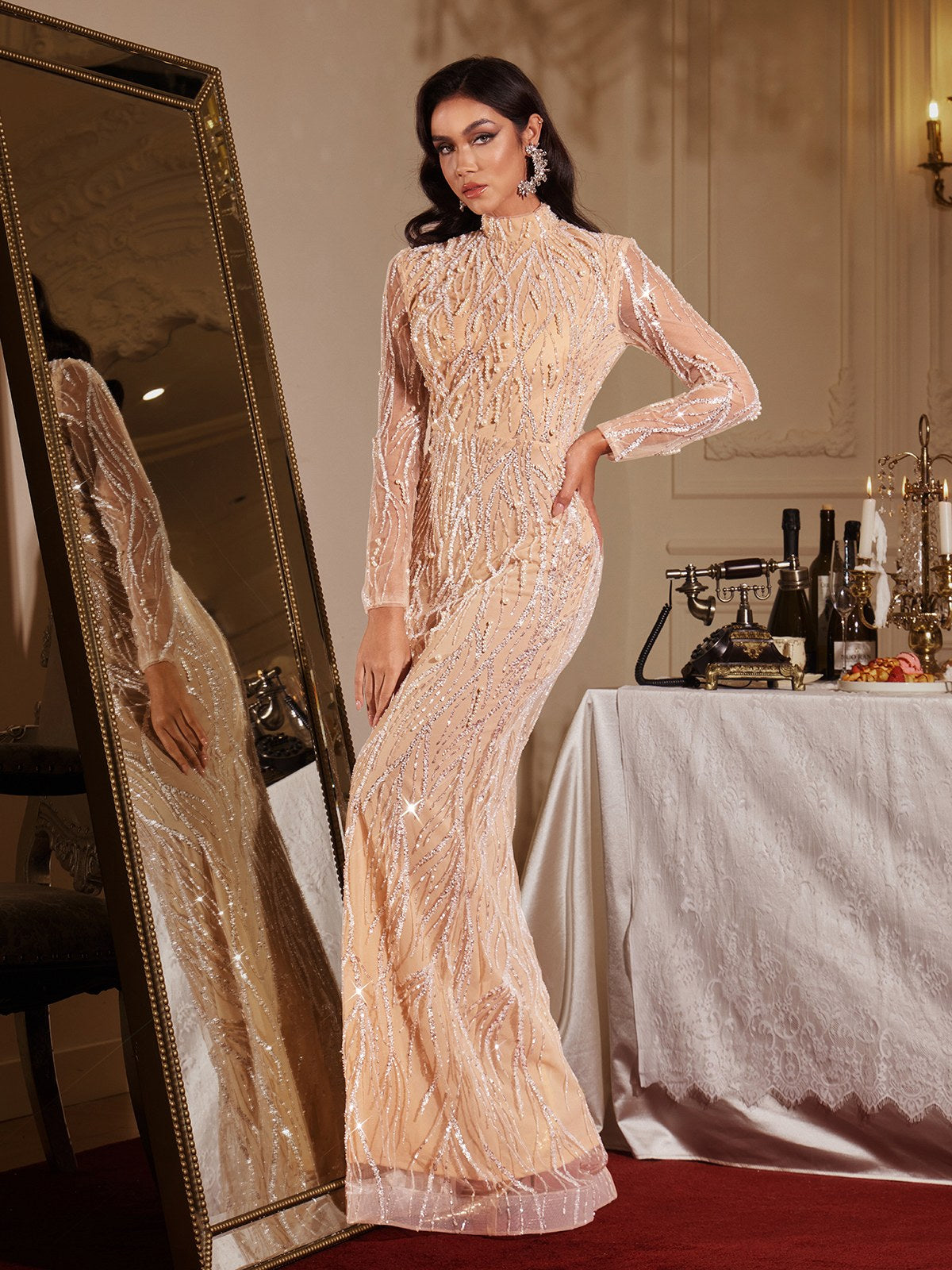 Fiona Long Sleeve Pearl Sequin Maxi Dress